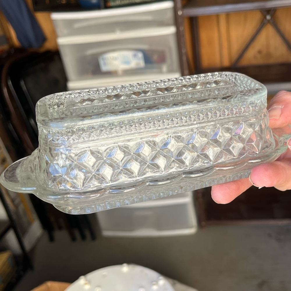 Vintage Butter Dish Diamond Point Cut Clear Covered Vtg.Anchor Hocking